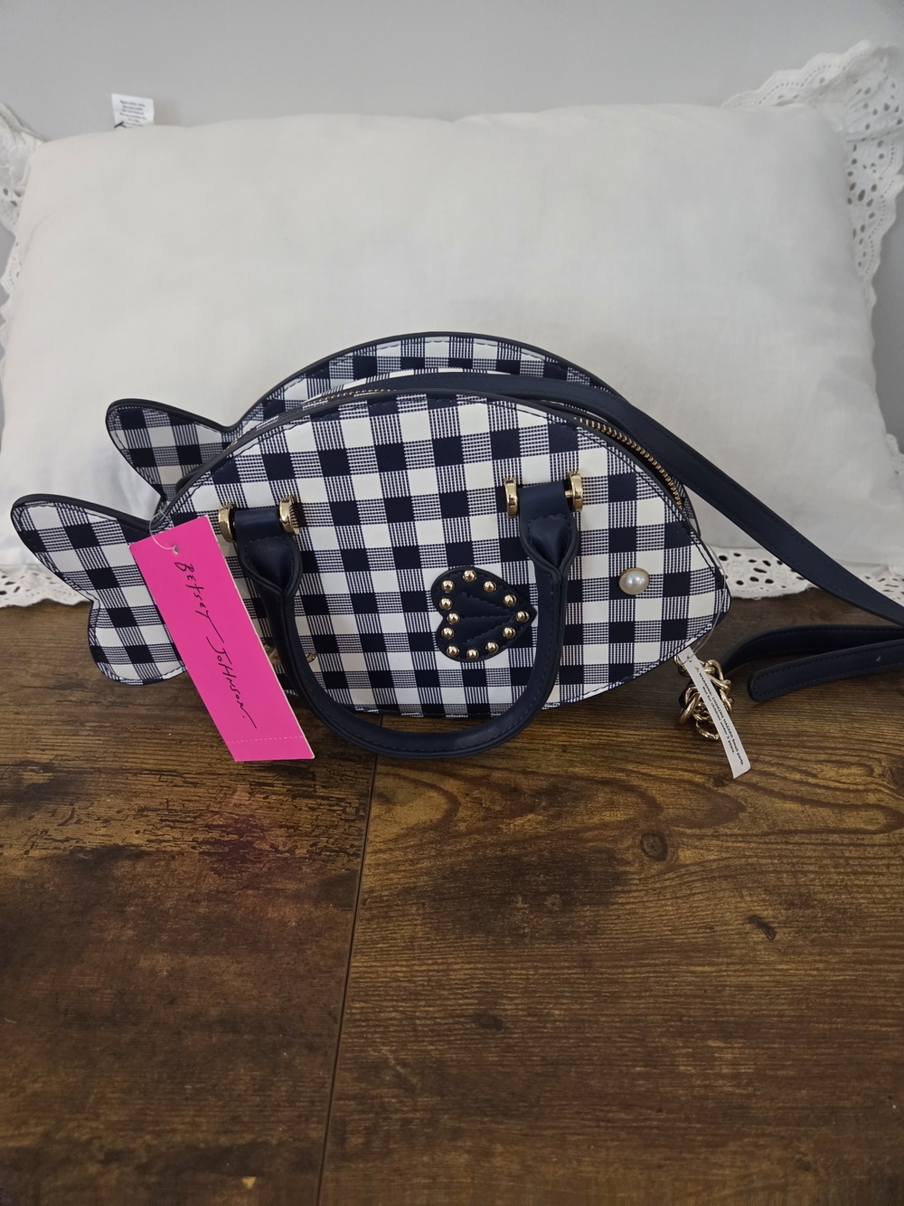 Sea Navy and White Gingham Fish-Shaped Mini Bag